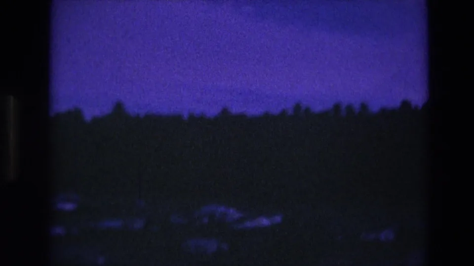 1974 South Dakota 8mm frame with a dark silhouetted tree line, purple sky, and dim shapes near the lower edge of the landscape.