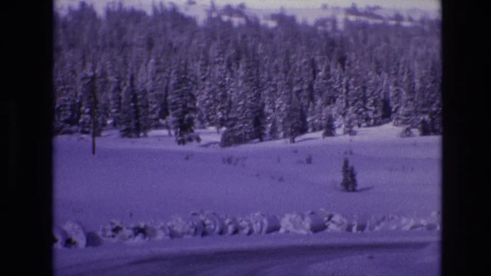 1974 Vail, Colorado 8mm frame showing snowy pines across an open snowfield, with a roadside snowbank and dark road edge in the foreground.