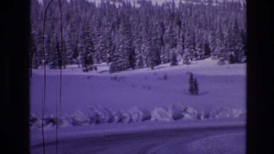 1974 Vail, Colorado 8mm frame with a snow-covered pine forest, low roadside snowbank, open white slope, and dark film-scan divider at the left.