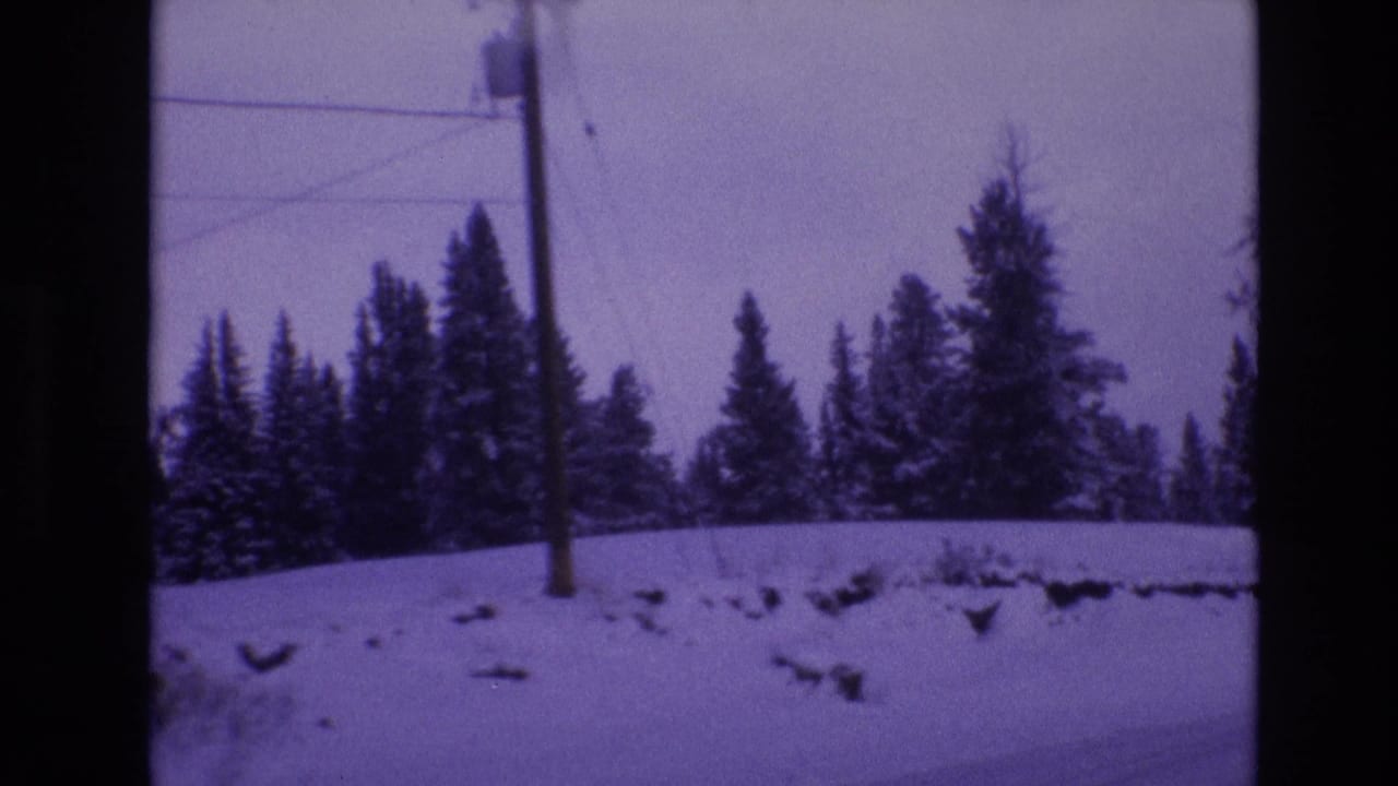 1974 8mm home-movie frame from Vail, Colorado showing a snowbanked roadside, utility pole, conifer trees, and a purple-shifted winter sky.