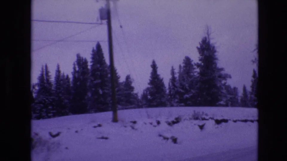 1974 8mm home-movie frame from Vail, Colorado showing a snowbanked roadside, utility pole, conifer trees, and a purple-shifted winter sky.