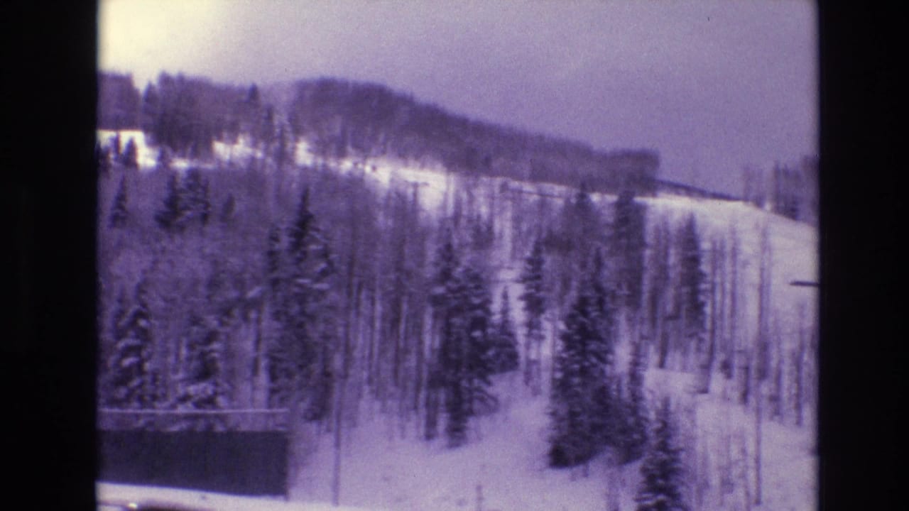 1974 Vail, Colorado 8mm frame showing snow-covered evergreens and a wooded mountain slope in soft purple-blue winter light.