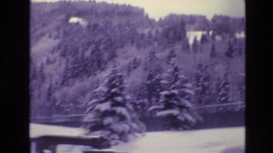 Soft, slightly blurred 8mm view of snow-laden pines against a wooded Vail mountain slope in 1974.