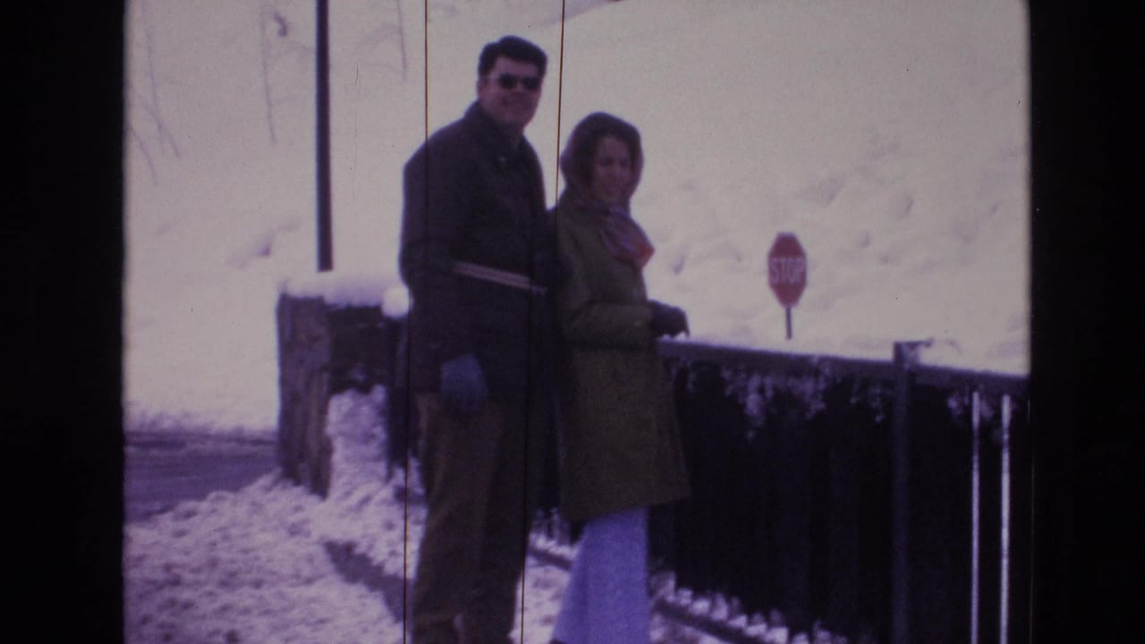 Adult couple posing in snow beside a railing and stop sign.