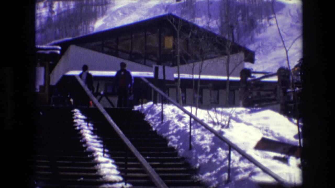 Two visitors stand near the top of outdoor stairs below a snow-covered building.