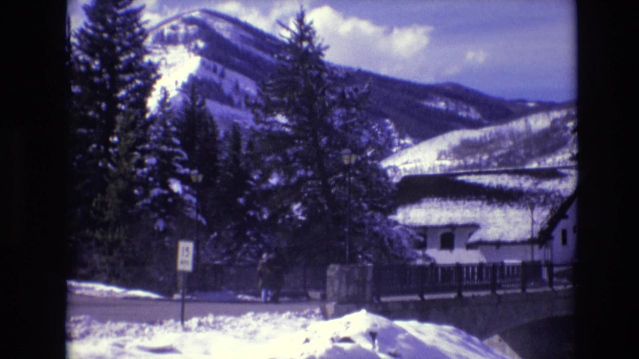 Snowy roadside scene with evergreens, a cabin roof, mountains, and a small sign.