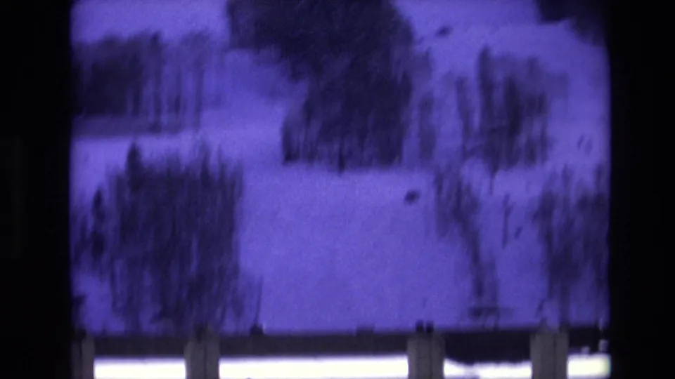 Purple-shifted 8mm frame from Vail, Colorado in 1974 showing a snowy slope with scattered trees and visible film gate edges.