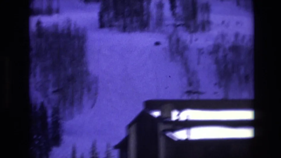 Soft 8mm frame from the Vail, Colorado clip showing snow, tree clusters, dark frame edges, and a bright horizontal artifact across the lower portion.