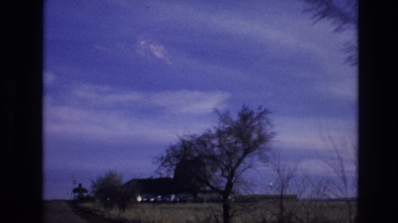 Open field with bare trees and a small windmill-like structure beneath a blue sky.