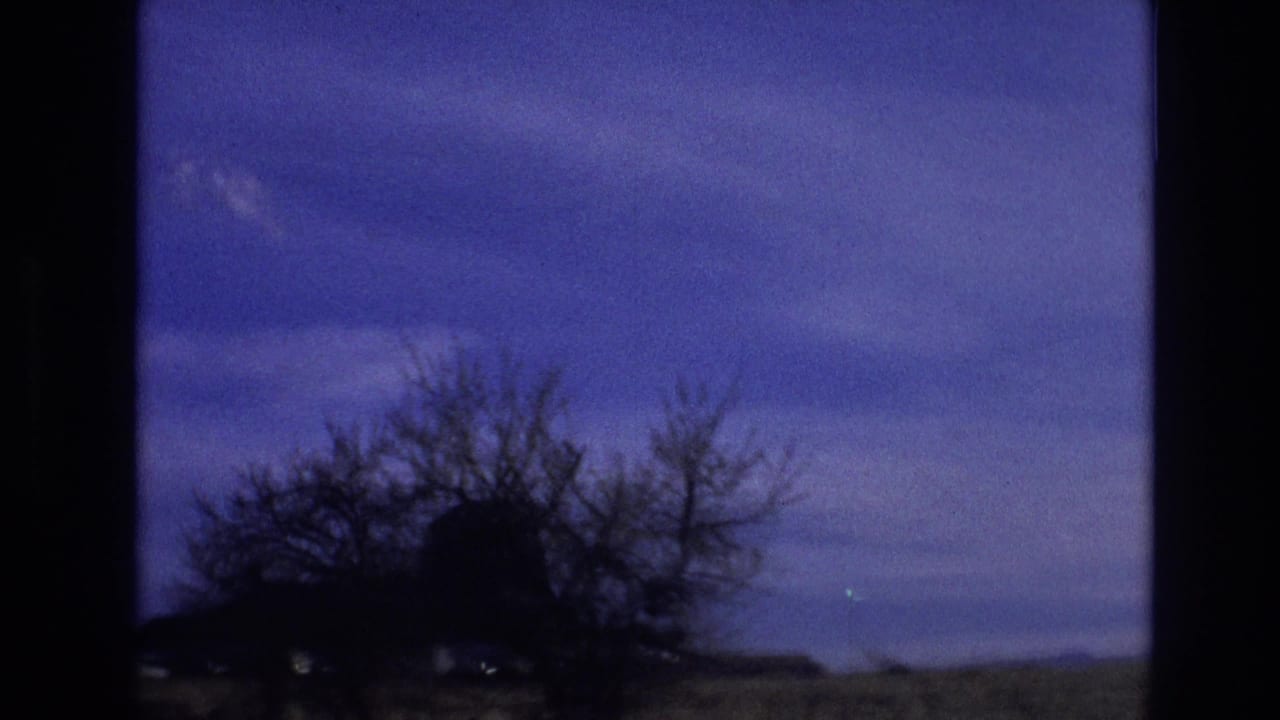 Dark trees and rural structures pass beneath a blue twilight sky.