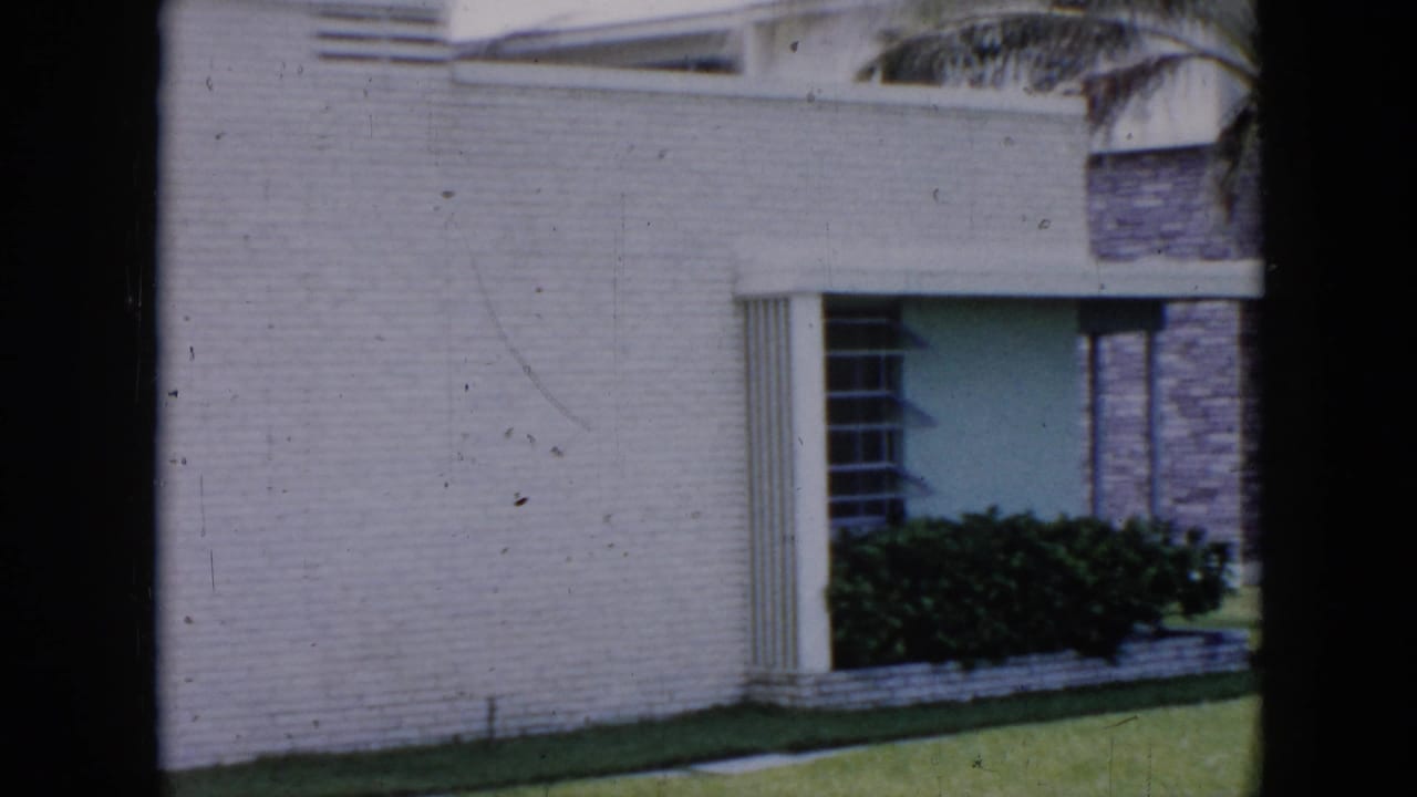 White brick building facade with louvered windows and green hedges, palm fronds visible at upper right.