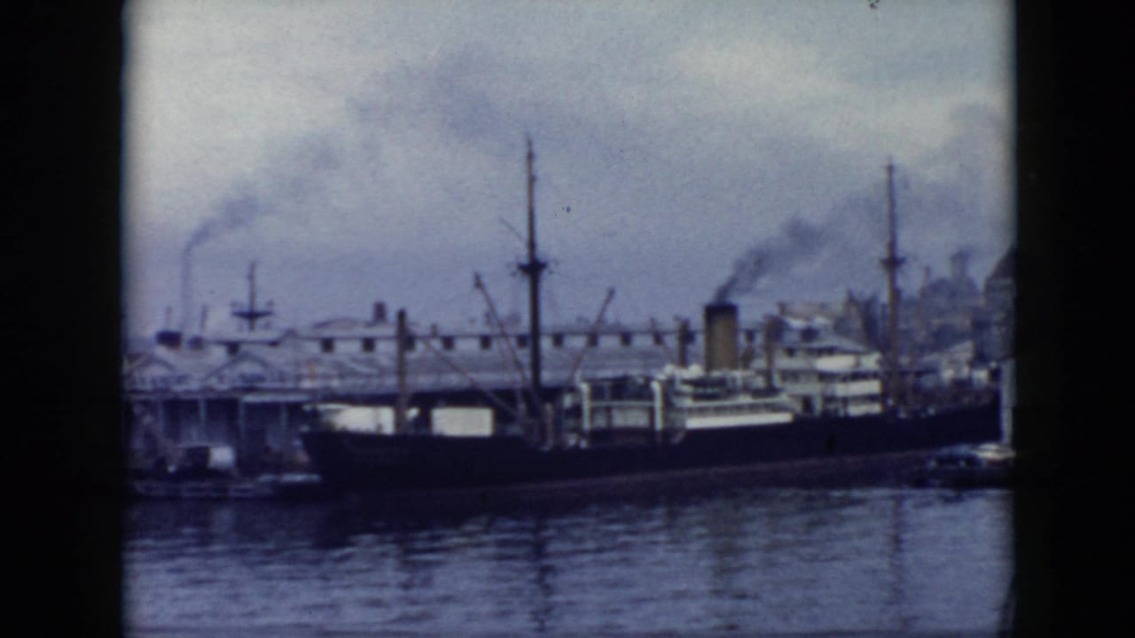 Moored dark-hulled ship beside waterfront structures with smoke in the background.