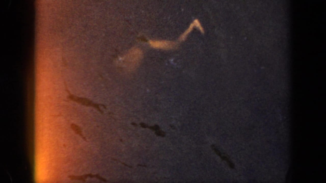 1956 Cuba home-movie frame showing a small swimmer in dark water, partly obscured by grain, scratches, and a warm light leak.