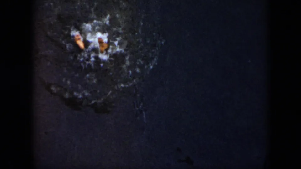 A small swimmer form appears amid splash foam on dark pool water in this 1956 Cuba home-movie frame.