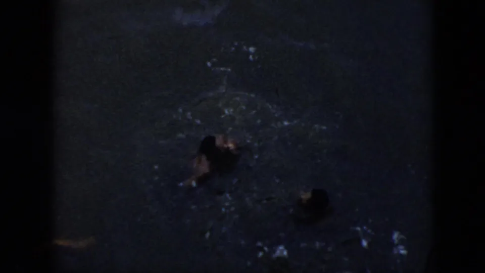 1956 Cuba 8mm frame showing two people or swimmer shapes in dark water with scattered splash marks.