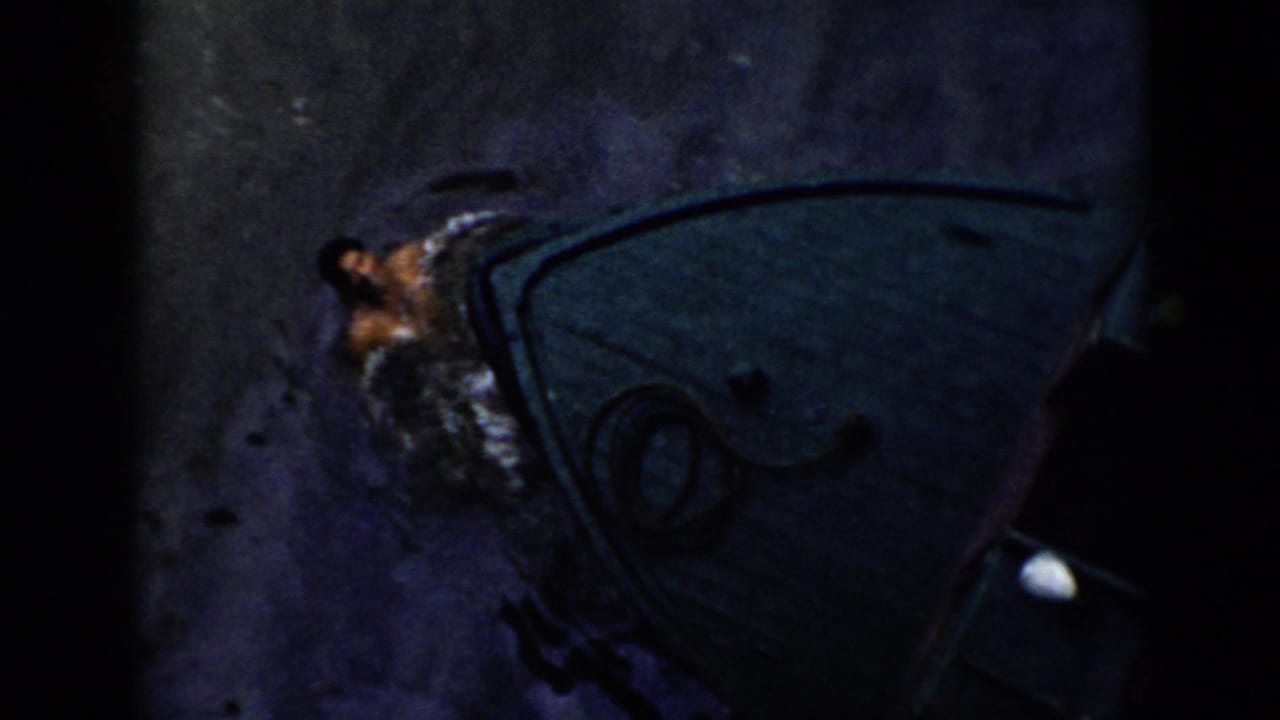 1956 Cuba 8mm frame showing a dark boat bow moving through choppy water with a man partly visible at the waterline.