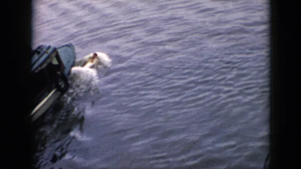 1956 Cuba 8mm frame showing a small motorboat on calm water with a swimmer alongside and dark edge framing.