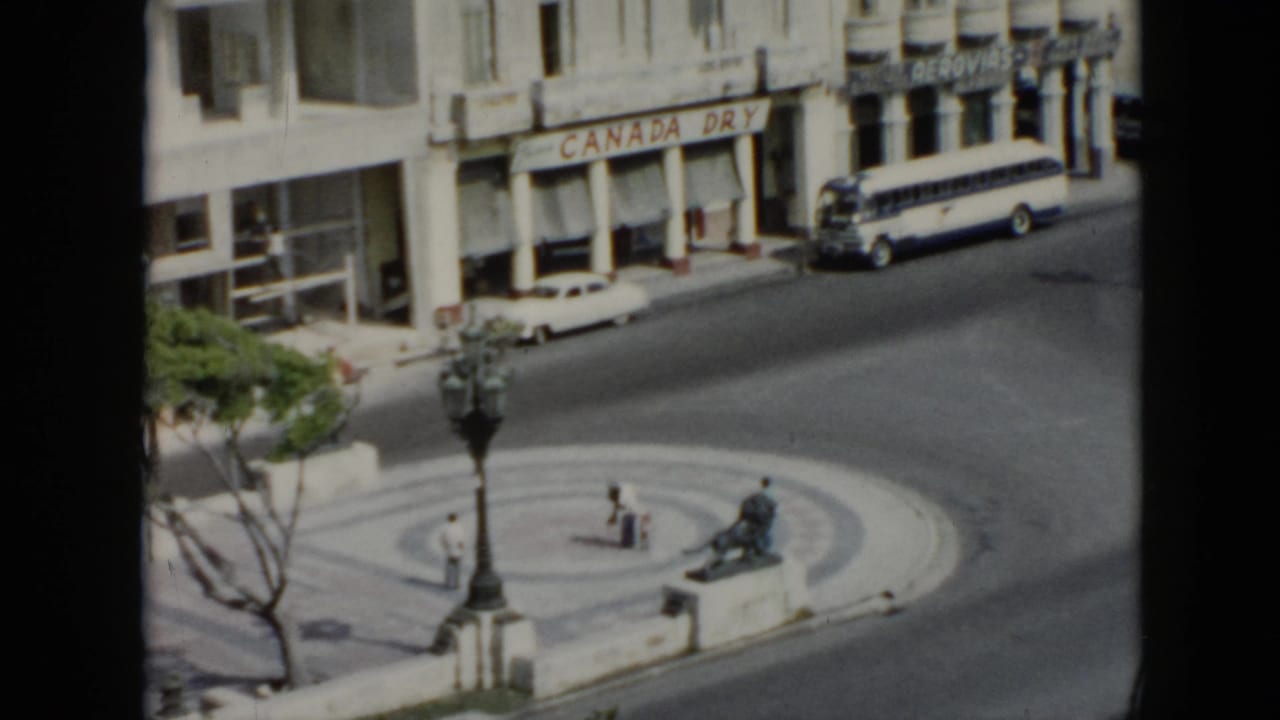 Circular turnaround with a white bus, parked cars, pedestrians, lamppost and storefront sign.