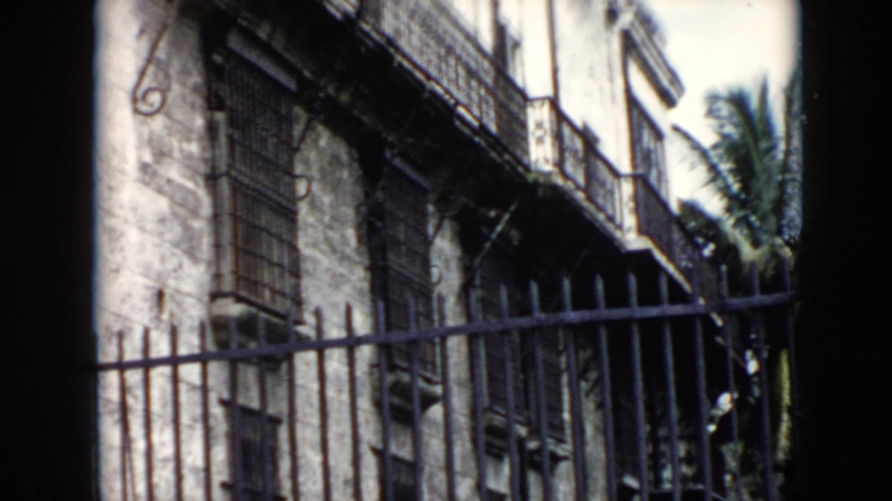 Iron fence in front of barred windows and a weathered facade with palm fronds nearby.
