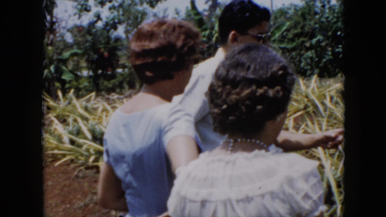 1956 Cuba 8mm frame showing a man in a light shirt with two women in dresses beside tall green crops.