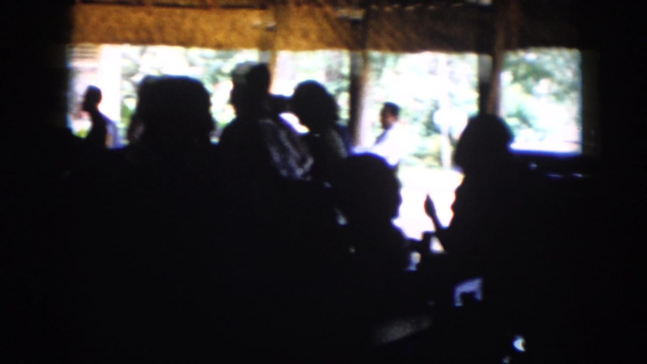 Dark interior silhouettes stand and sit near open sides of a thatched structure.