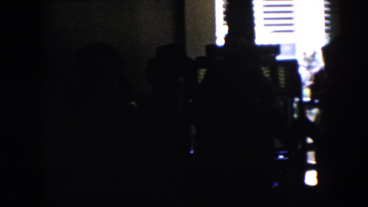 Silhouetted people gather in a dim Cuba party interior, with bright shuttered window light outlining the group.