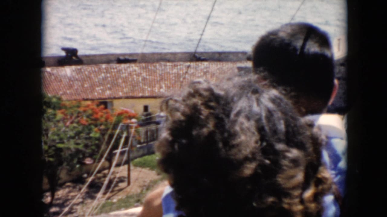 Two people stand near a window, looking out toward a waterfront roof and water beyond.