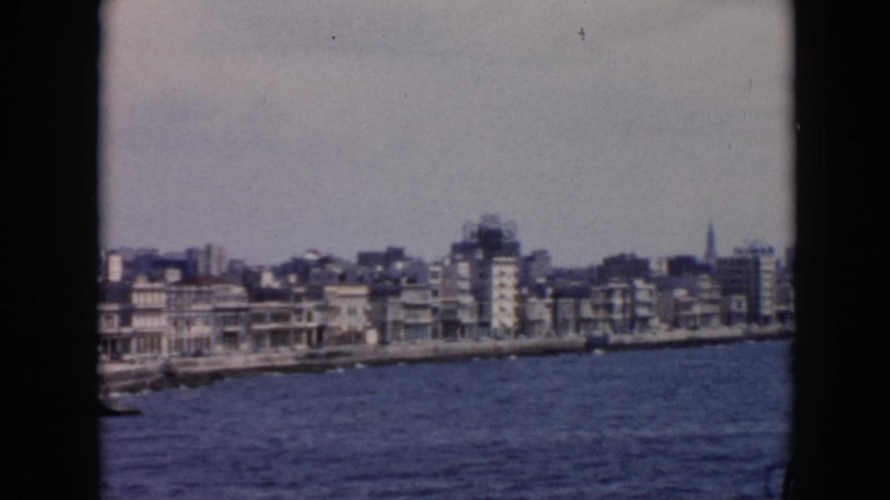 Waterfront buildings and seawall viewed from offshore under a pale sky.