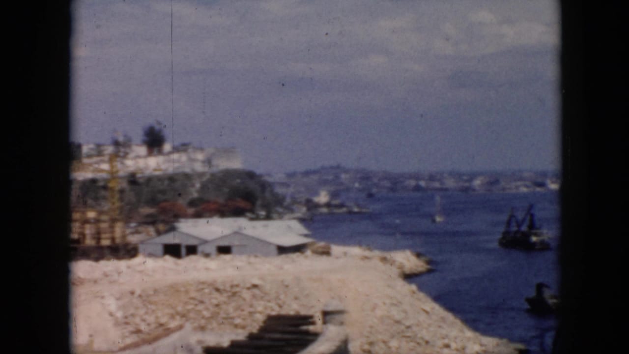 Harbor view with rocky shore, low buildings, boats, and distant cityscape.