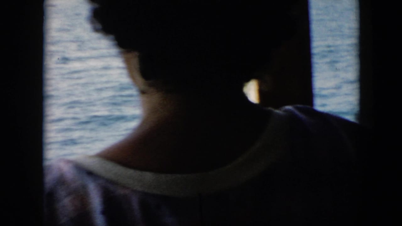 Back of a passenger's head and shoulders framed against water through a boat window.