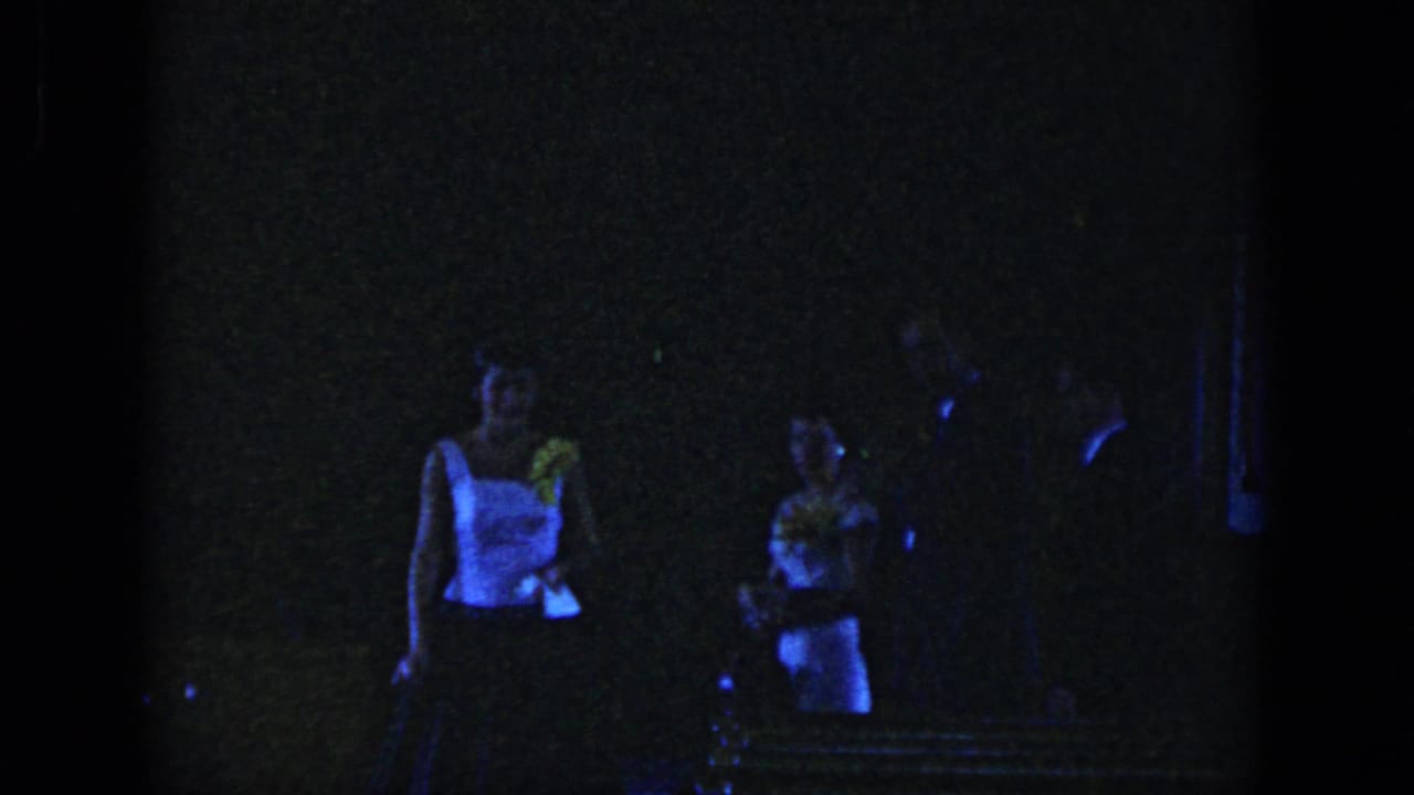 A dark, blue-lit reception scene shows guests in formal clothing gathered in low light during the wedding celebration.