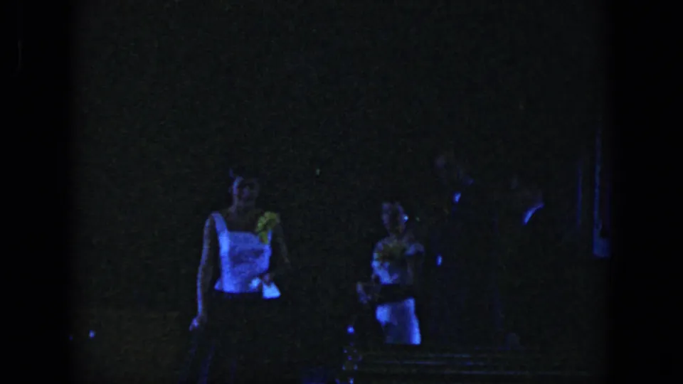 A dark, blue-lit reception scene shows guests in formal clothing gathered in low light during the wedding celebration.