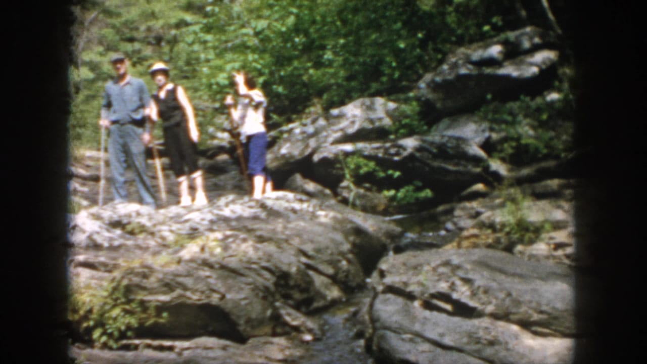 Three adults with walking sticks stand on large rocks near a wooded stream.