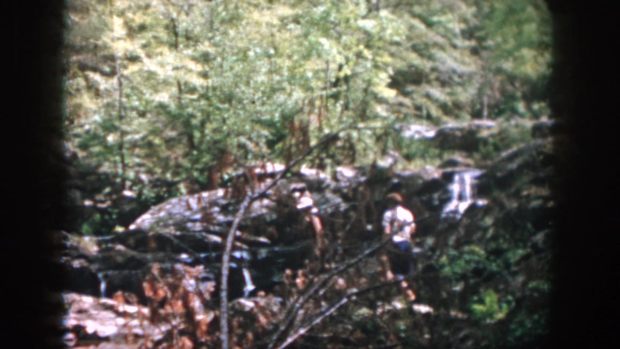Two people in light shirts move across rocks near falling water and dense foliage.