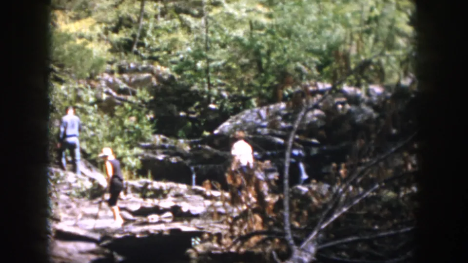 Three adults are visible in the wooded creek scene, with one standing farther back and two moving over pale rocks near small cascades.