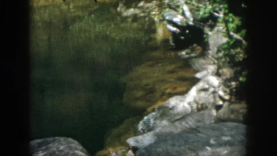 1958 Dayton, Ohio home-movie frame showing still water, rock ledges, foliage, and a dark object near the stream edge.