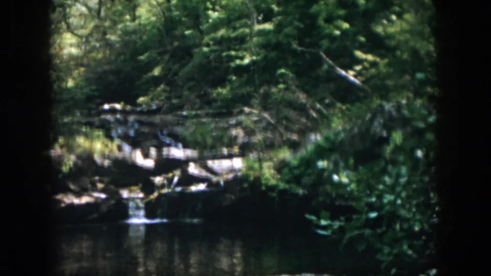 1958 Dayton-area 8mm frame showing a small rock waterfall emptying into a shaded pond surrounded by dense green foliage.