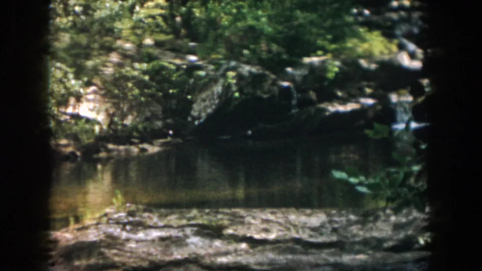 The camera holds on the rocky pond and wooded bank as the uniformed man moves near the right edge of the frame.