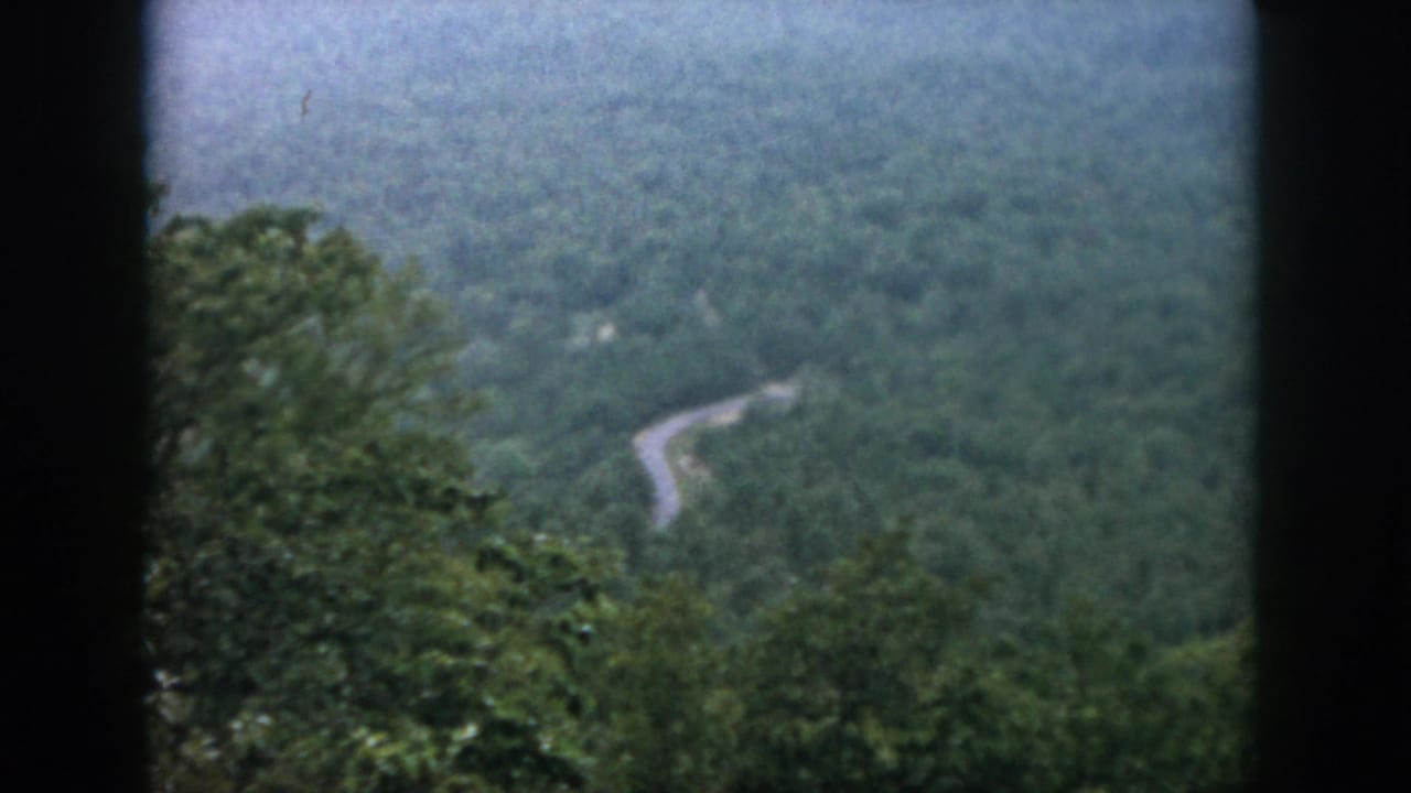 1958 8mm home-movie frame of a hazy forested hillside with a pale winding road and dark vertical film borders.