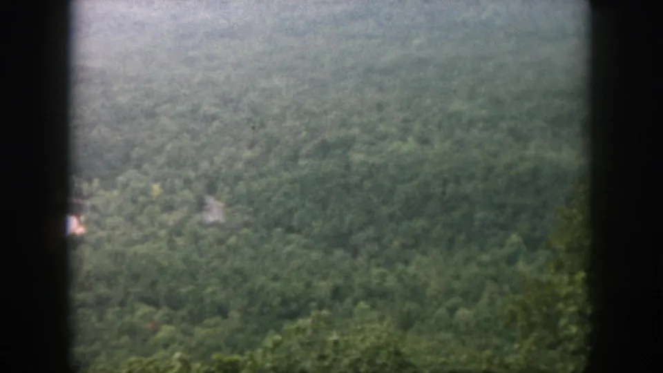 1958 Dayton-area 8mm frame with a soft aerial view of forest, a small clearing, and dark window edge.