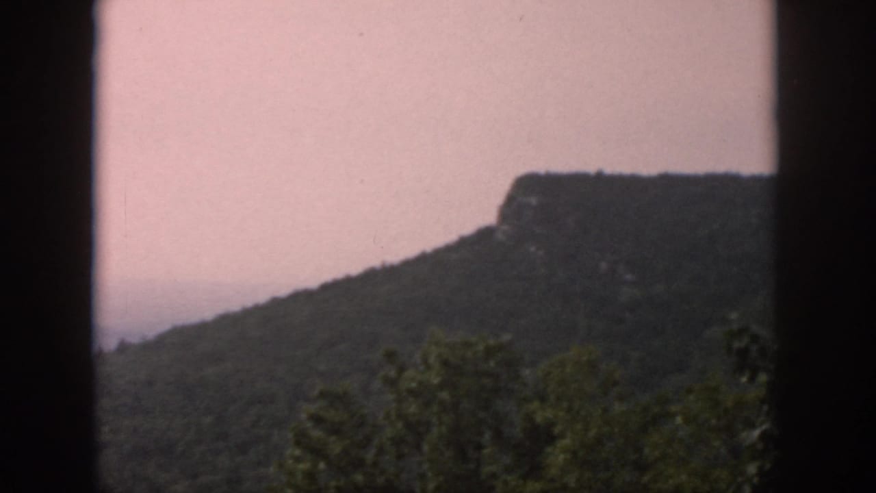 Tree-covered ridge with a rocky outcrop under a pink sky.