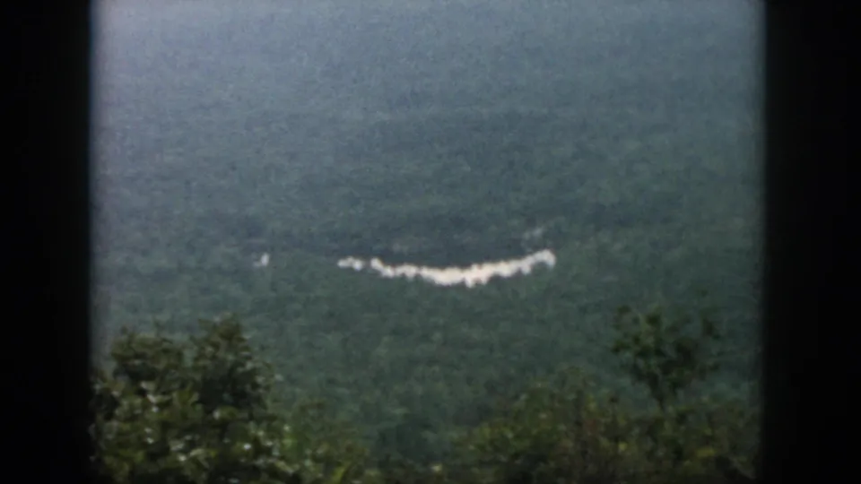 A clearer 1958 aerial frame attributed to Dayton, Ohio, showing dense forest, foreground treetops, and a pale winding river or road.