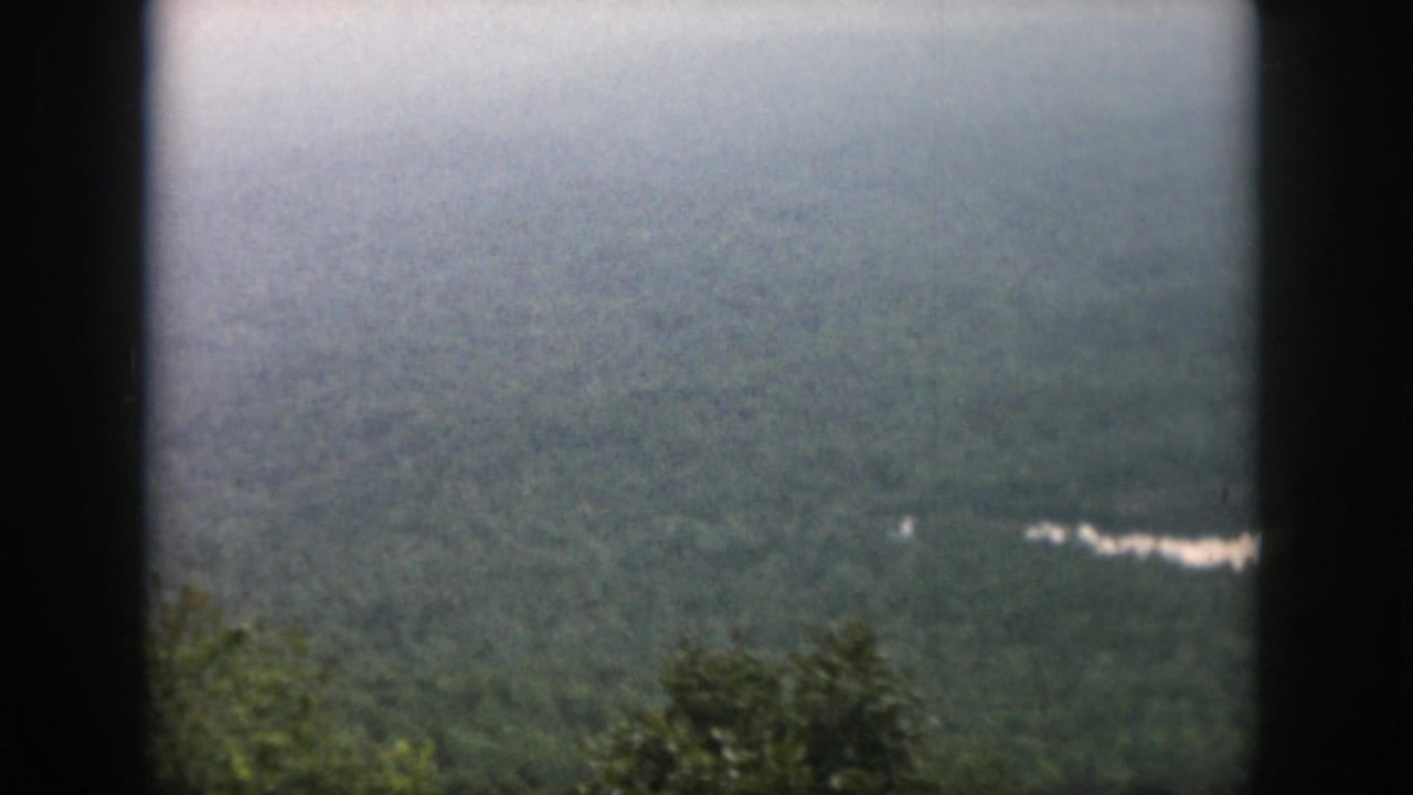 Forested hills seen through dark borders, with a pale line across the distant trees.