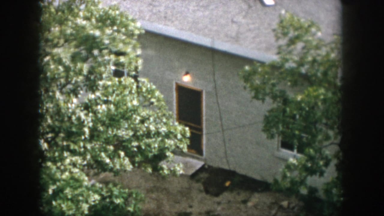 1958 Dayton home-movie frame of a suburban house exterior seen through leafy branches, with a dark window, doorway, and roofline.