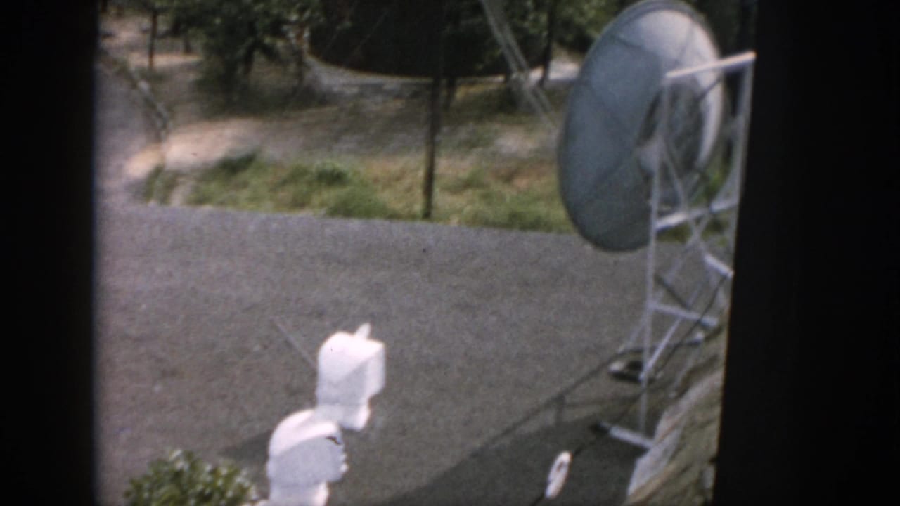 Large dish-like antenna near pavement, white fixtures, trees, and window framing.
