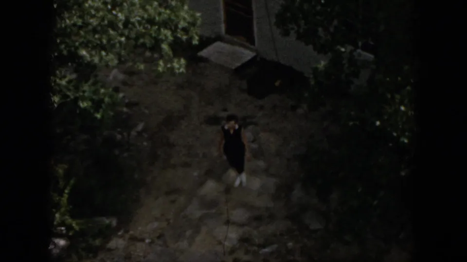 From an elevated home-movie angle, the girl walks down a rocky outdoor path bordered by dense greenery near Dayton, Ohio.