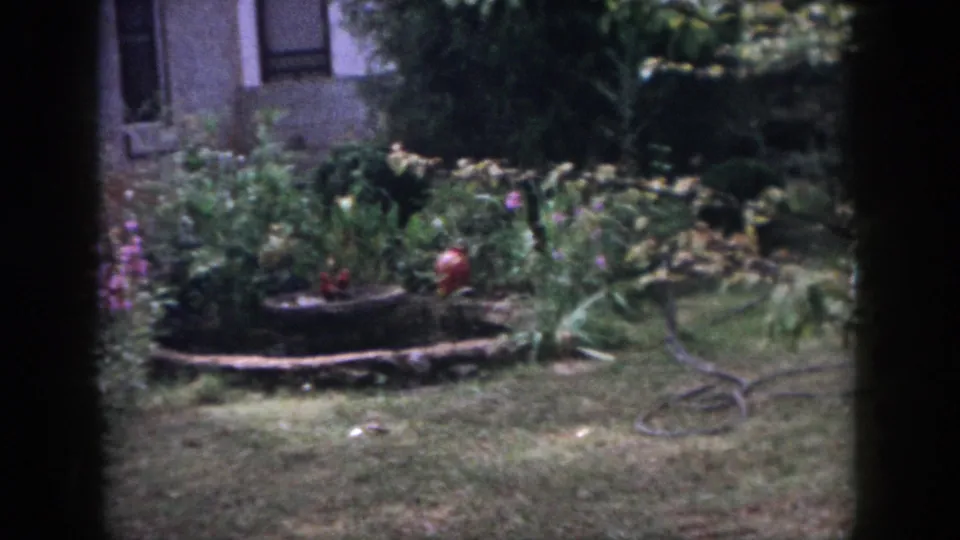 1958 Dayton backyard view with a stone-edged garden feature, red ornaments, hose, lawn, plants, and partial house exterior.