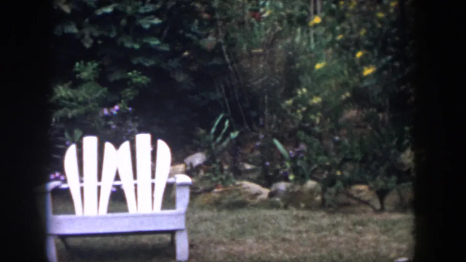 White Adirondack-style bench in a Dayton backyard garden, with shrubs, lawn, flowers, and stone edging visible.