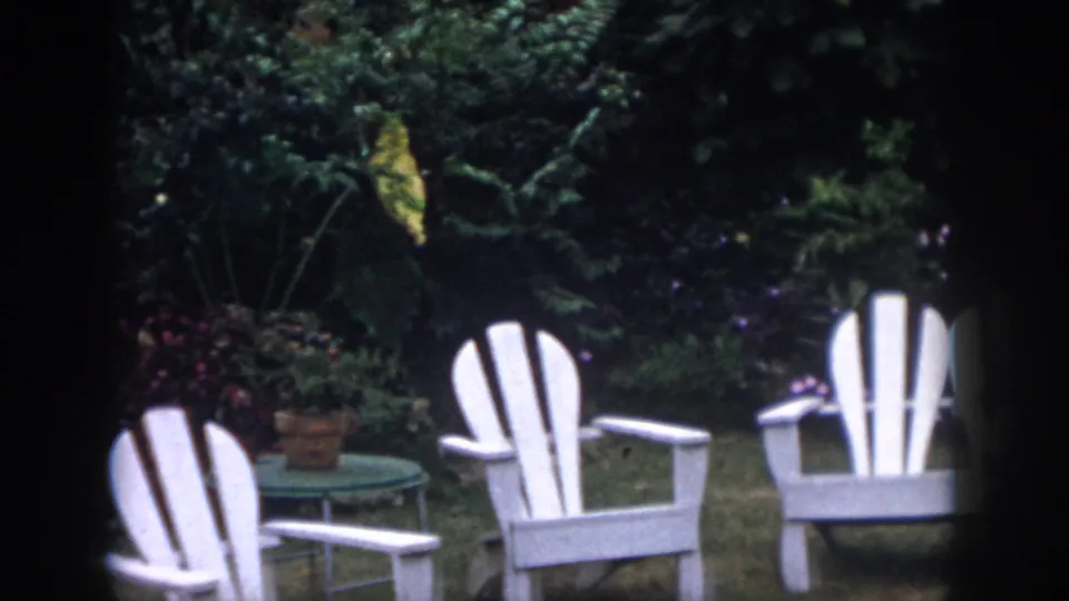 Two white Adirondack-style lawn chairs and a small green table sit in a leafy Dayton backyard garden in 1958 footage.