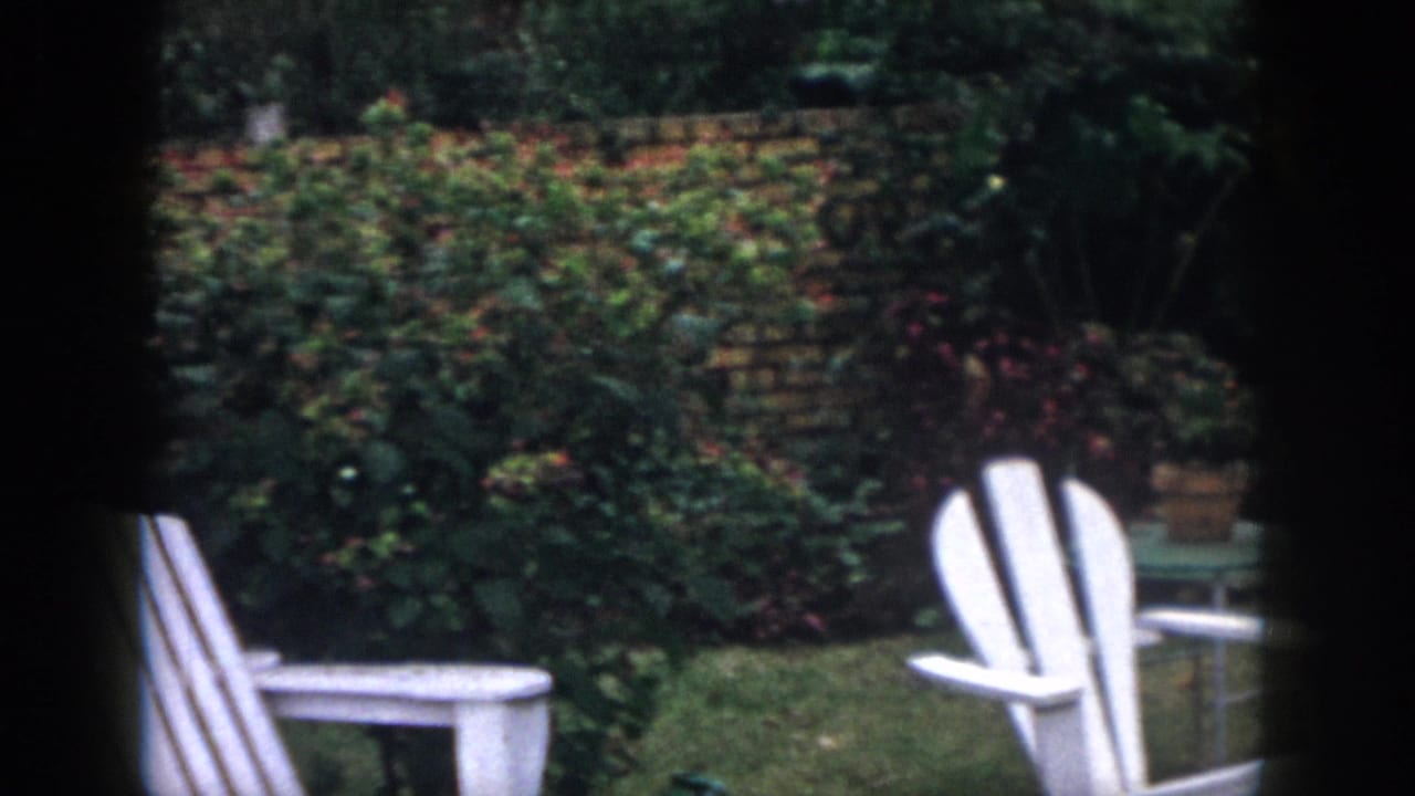 1958 Dayton garden view with white chairs, a small outdoor table, and layered greenery against a brick wall.